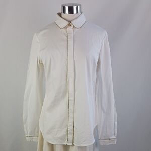 St. John White W Gold Trim Logo Buttons Blouse.